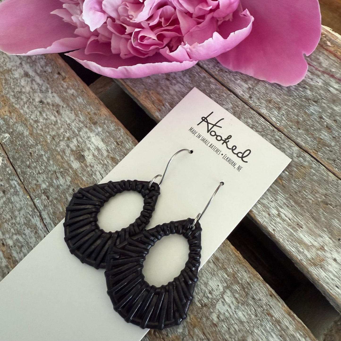 Jet Black Rattan Diamond Cutout Earrings - Waterproof, Pool Ready