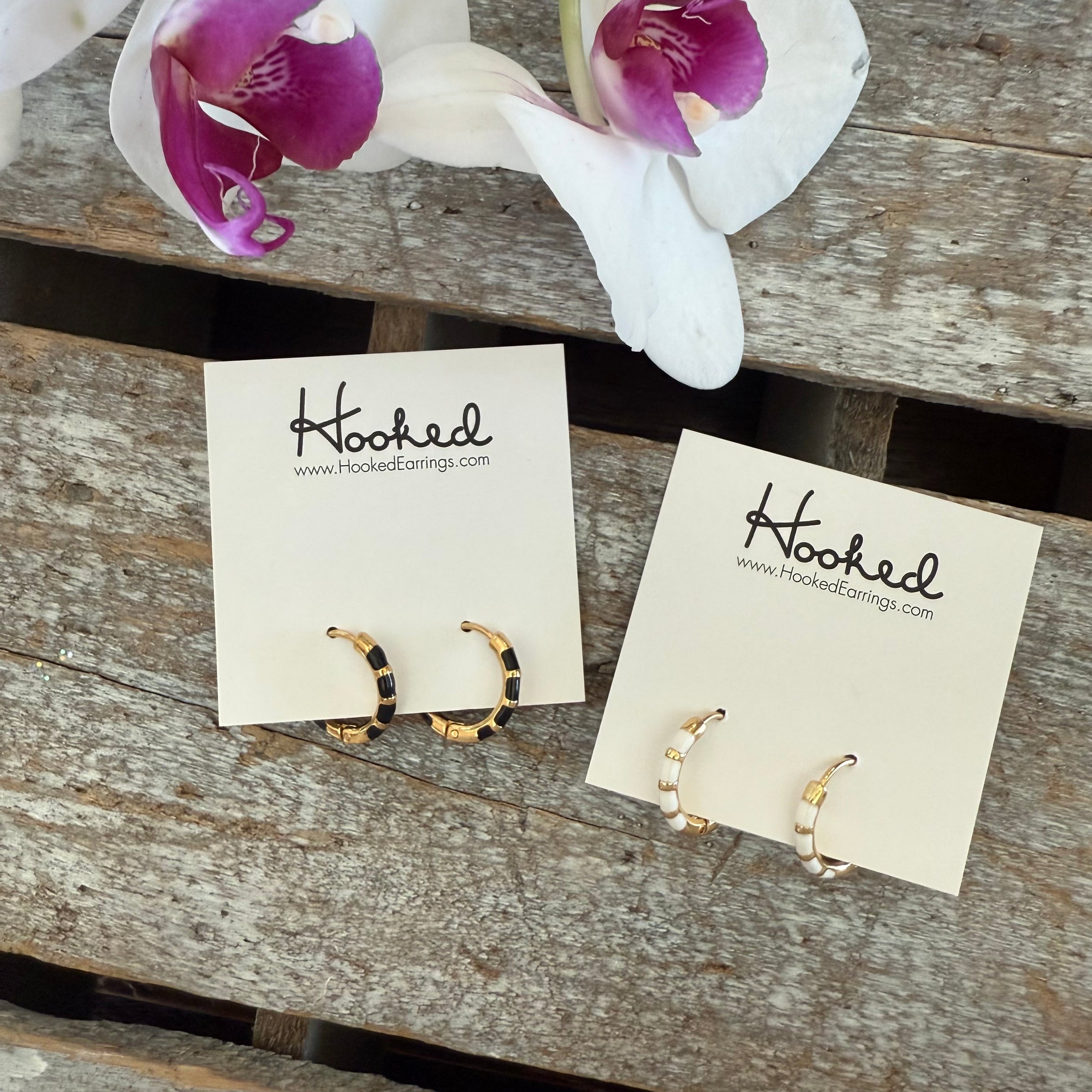 Striped Huggie Hoop Earrings - White and Gold
