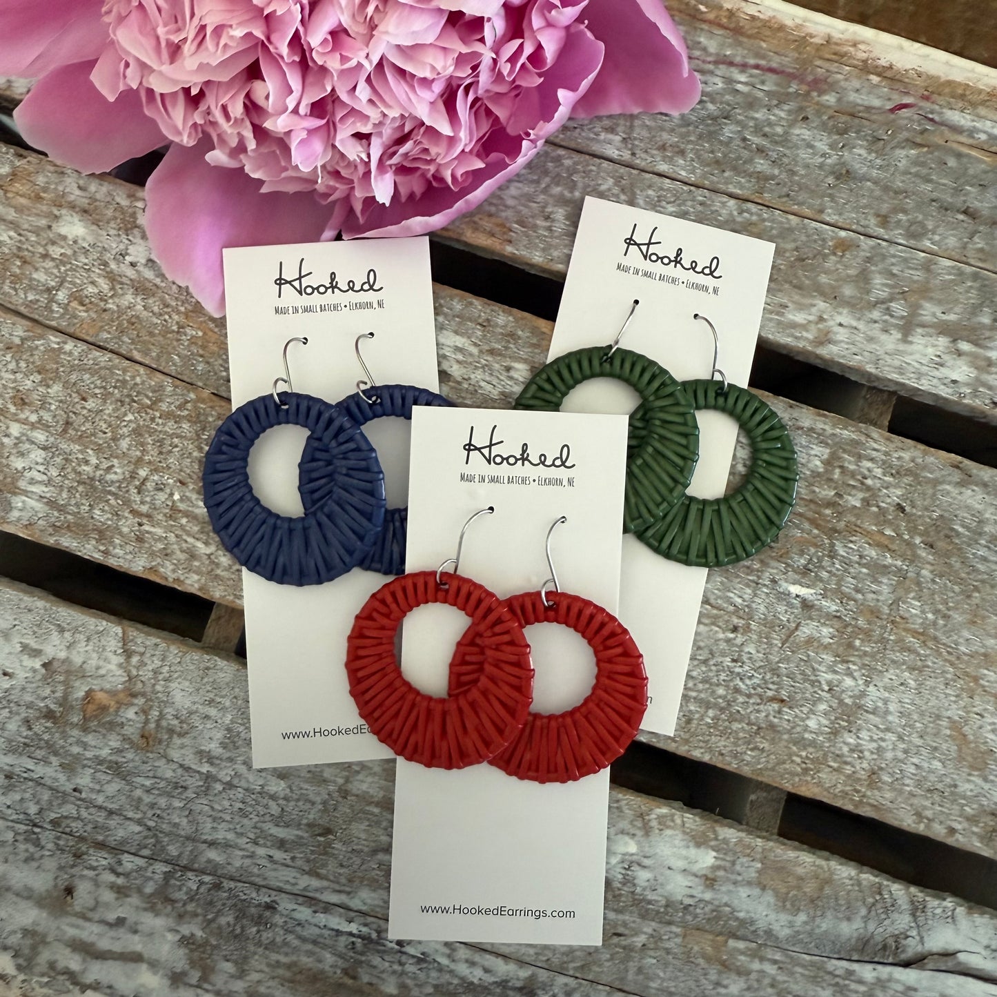Cherry Red Rattan Circle Cutout Earrings - Waterproof, Pool Ready