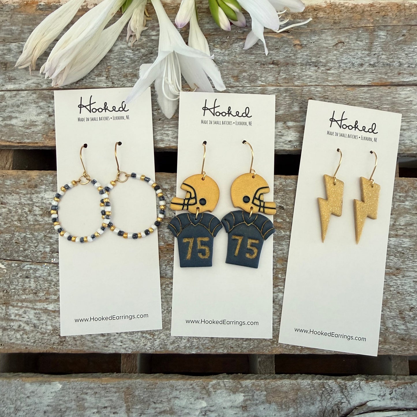 Southie Beaded Hoop Earrings - Navy, Gold, and White