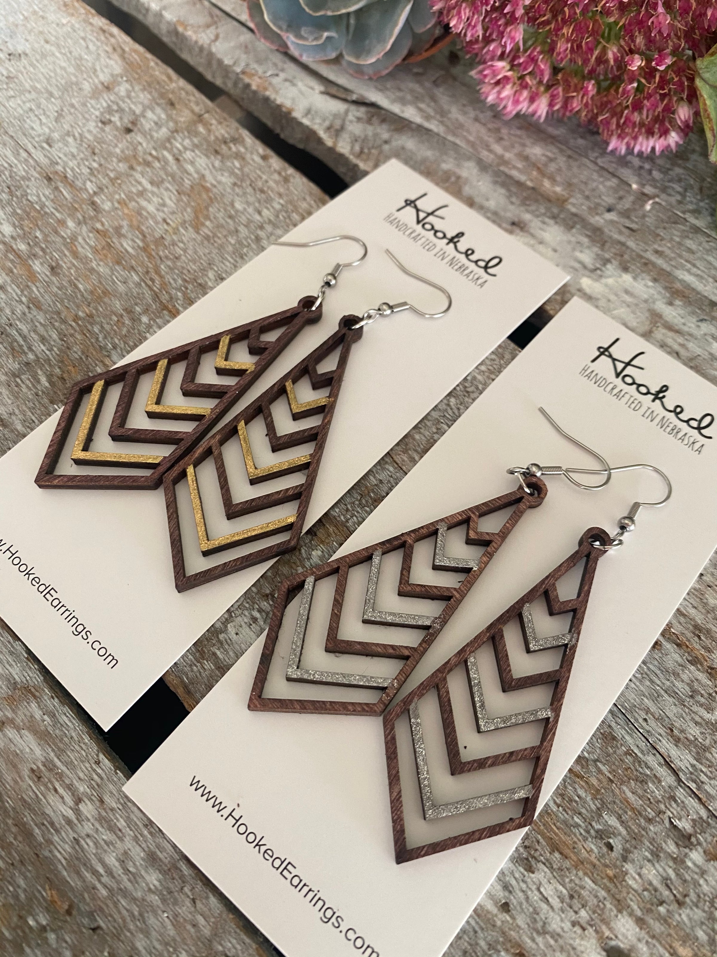 Wooden Deluxe Cutout Earrings - Medium Stacked Chevron