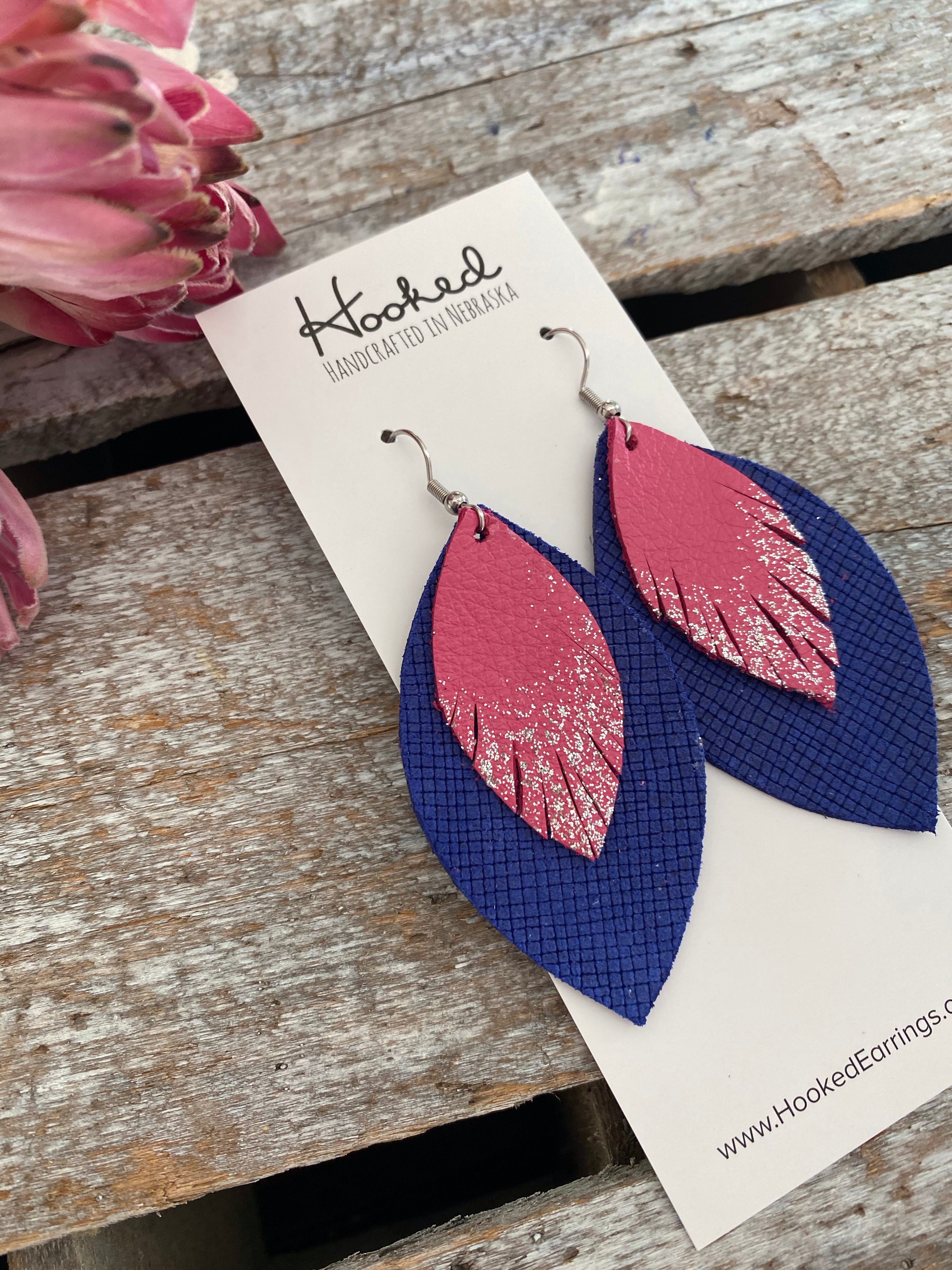 Hot Pink Glitter Fringe and Cobalt Layered Petals - Large