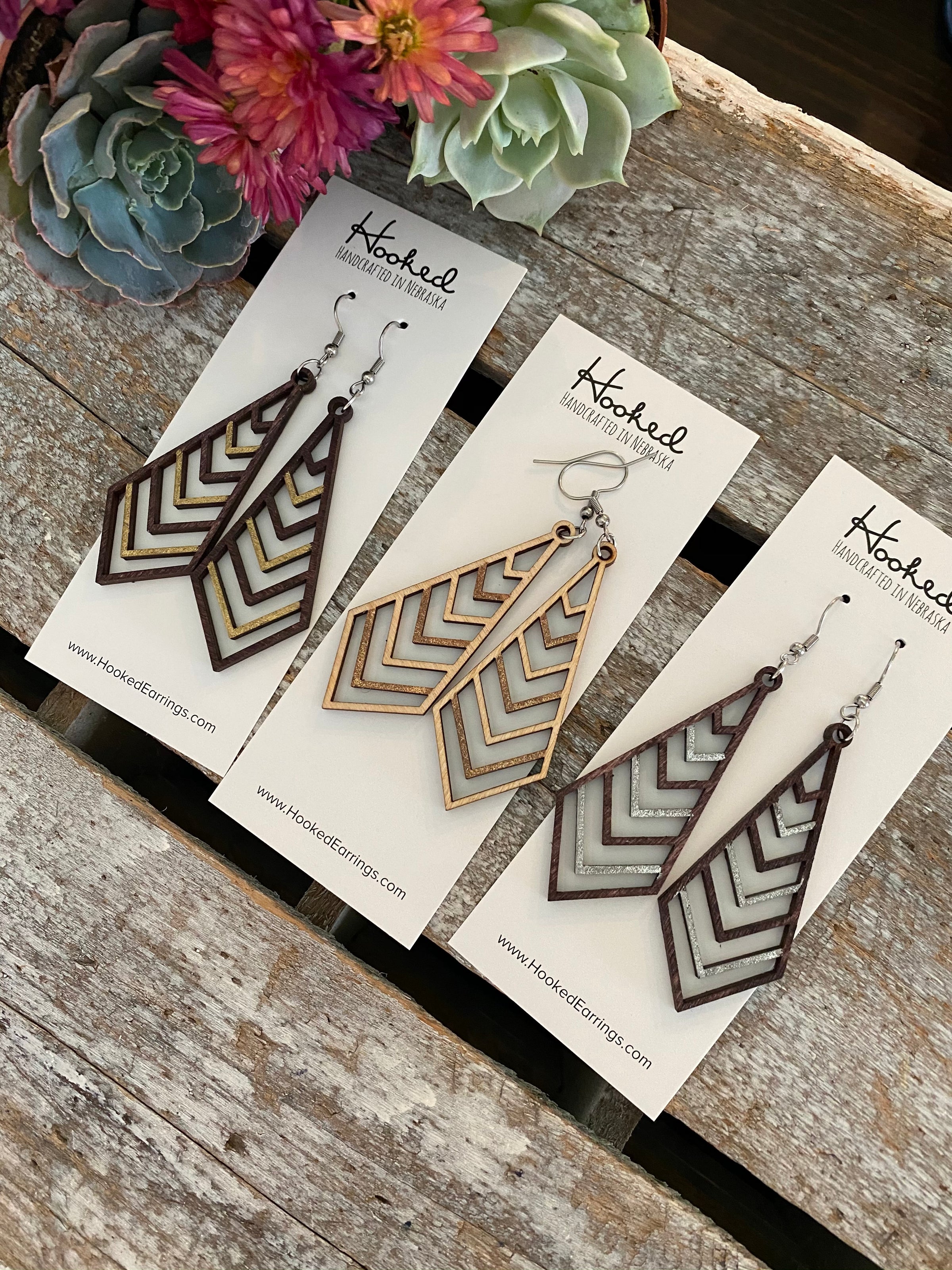 Wooden Deluxe Cutout Earrings - Medium Stacked Chevron