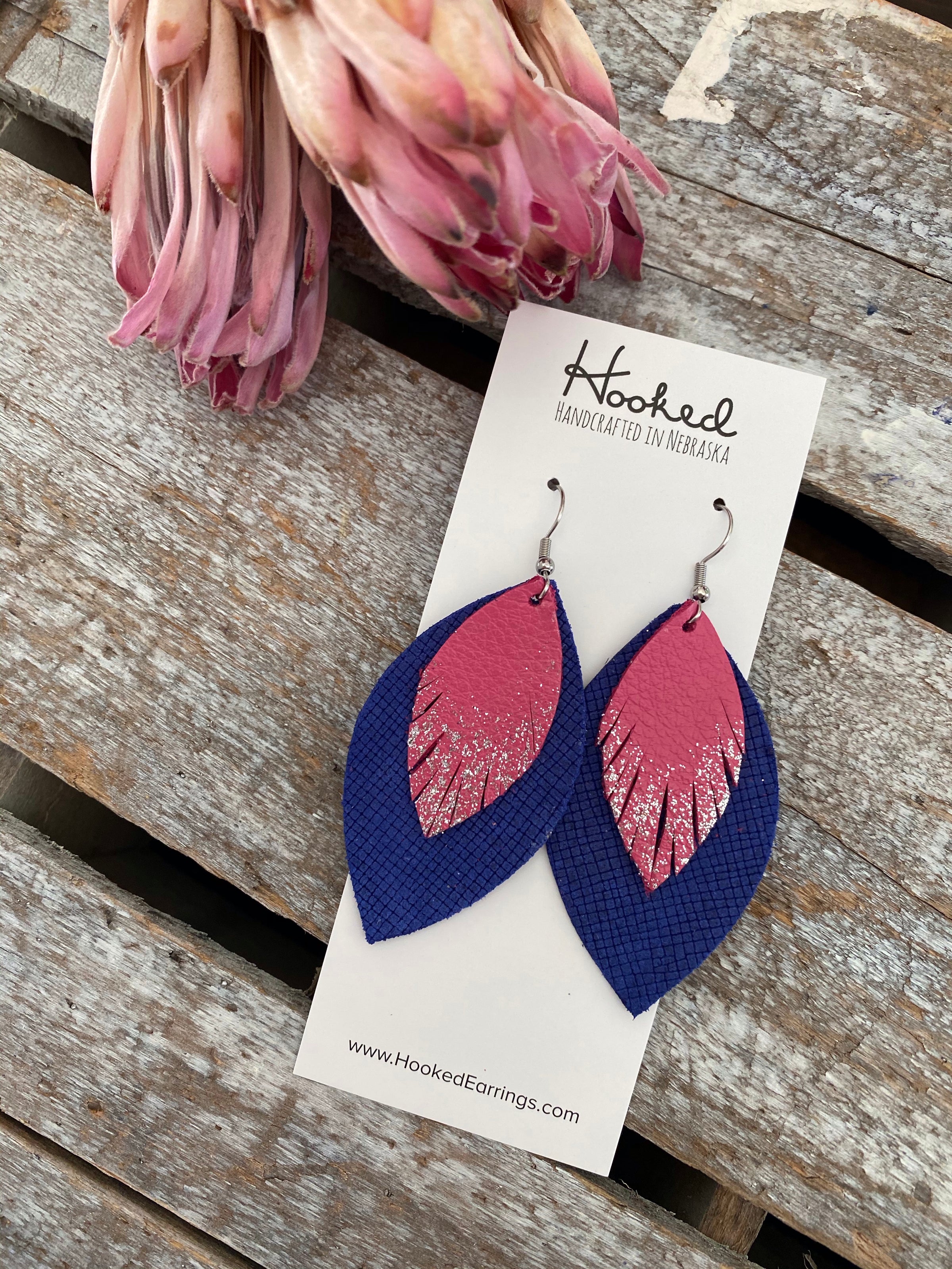 Hot Pink Glitter Fringe and Cobalt Layered Petals - Large