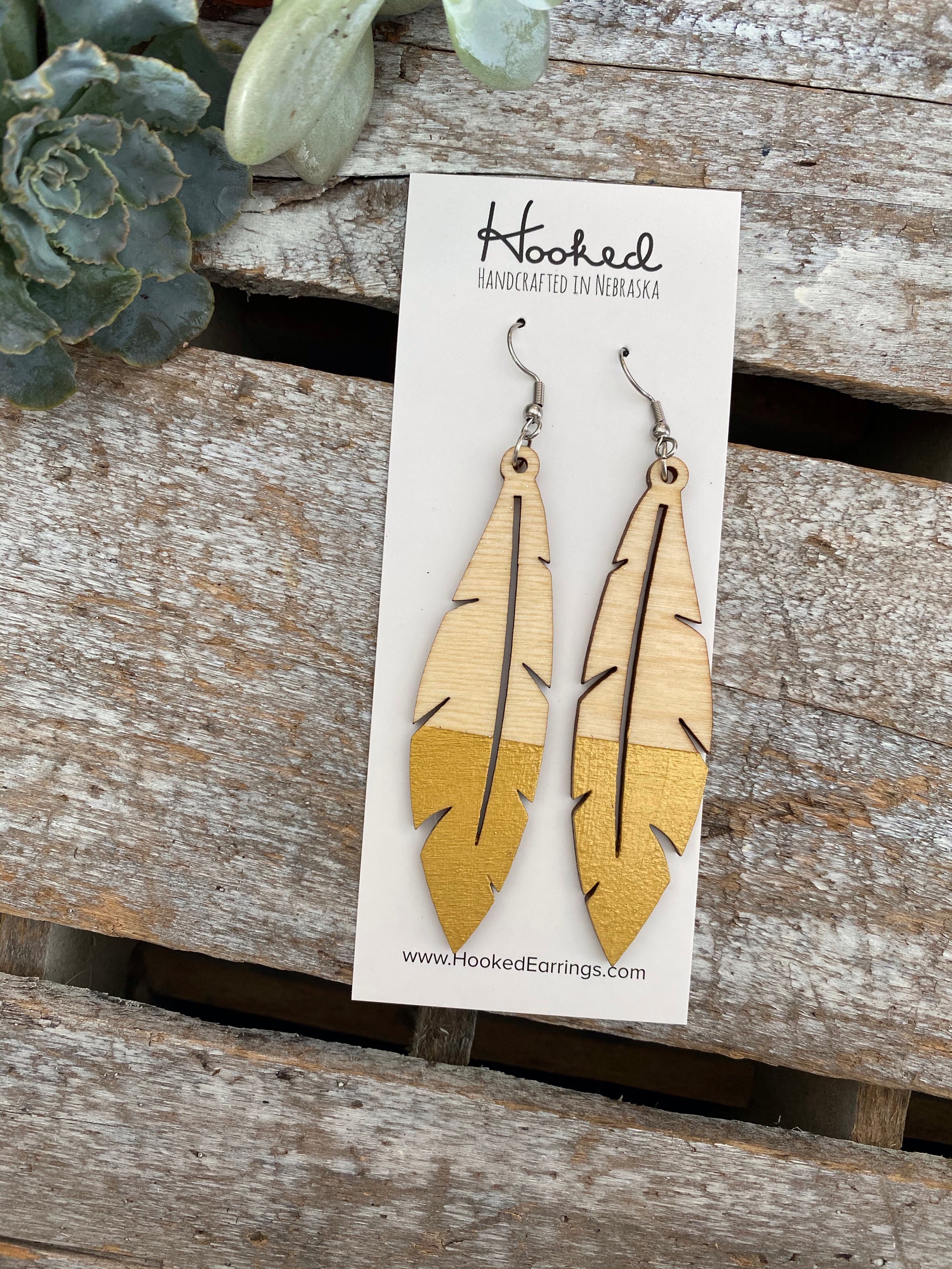 Dipped Wooden Feather Earrings - Large