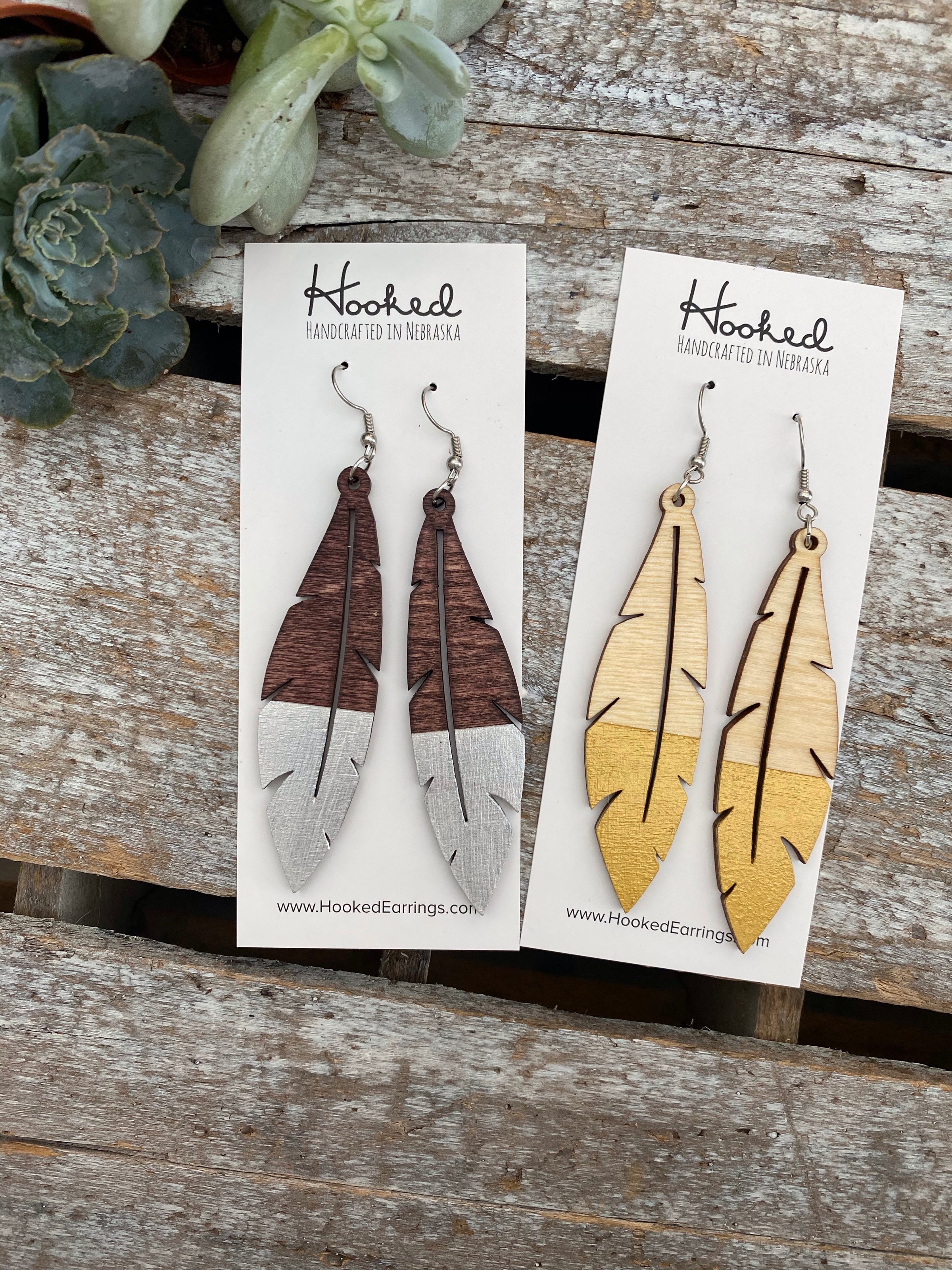 Dipped Wooden Feather Earrings - Large