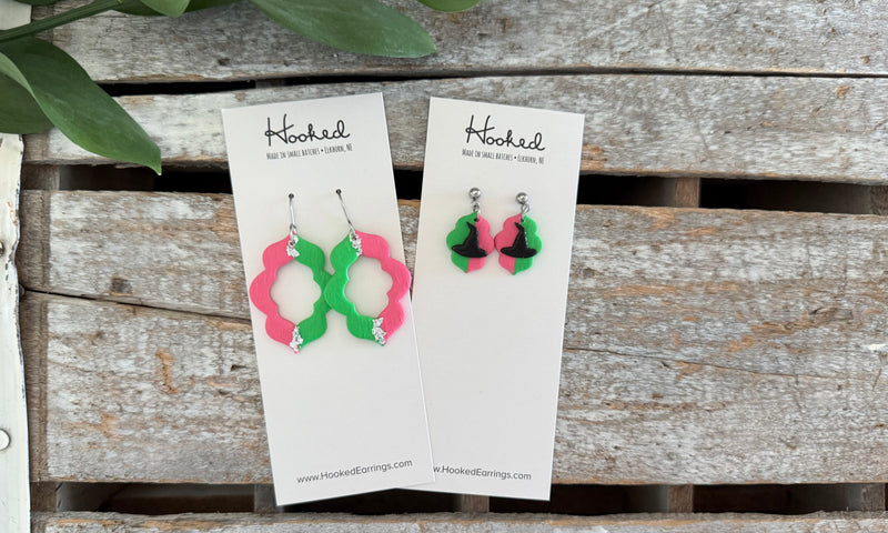 Pink and Green Quatrefoil Cutout Earrings