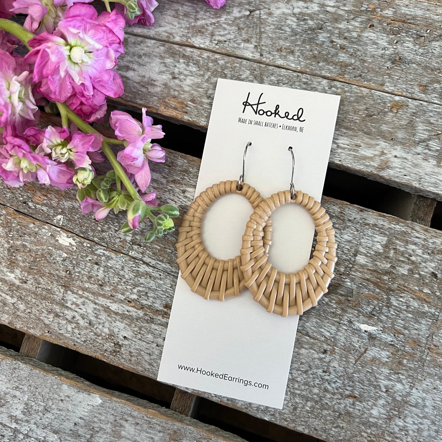 Beige Rattan Oval Cutout Earrings - Waterproof, Pool Ready