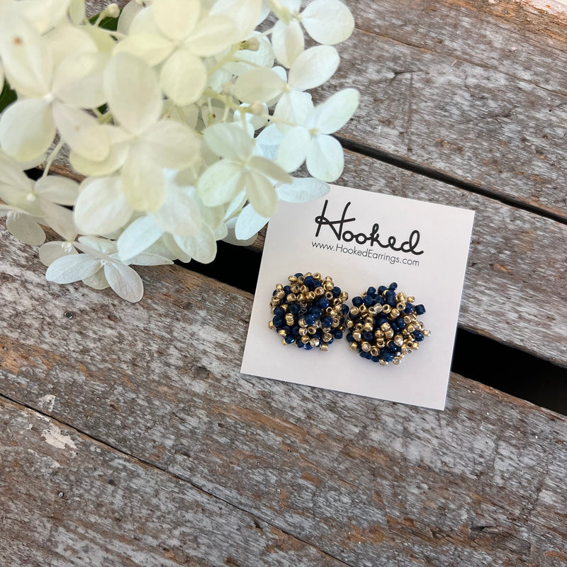 Navy and Gold Beaded Stud Earrings