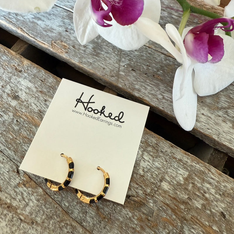 Striped Huggie Hoop Earrings - Black and Gold