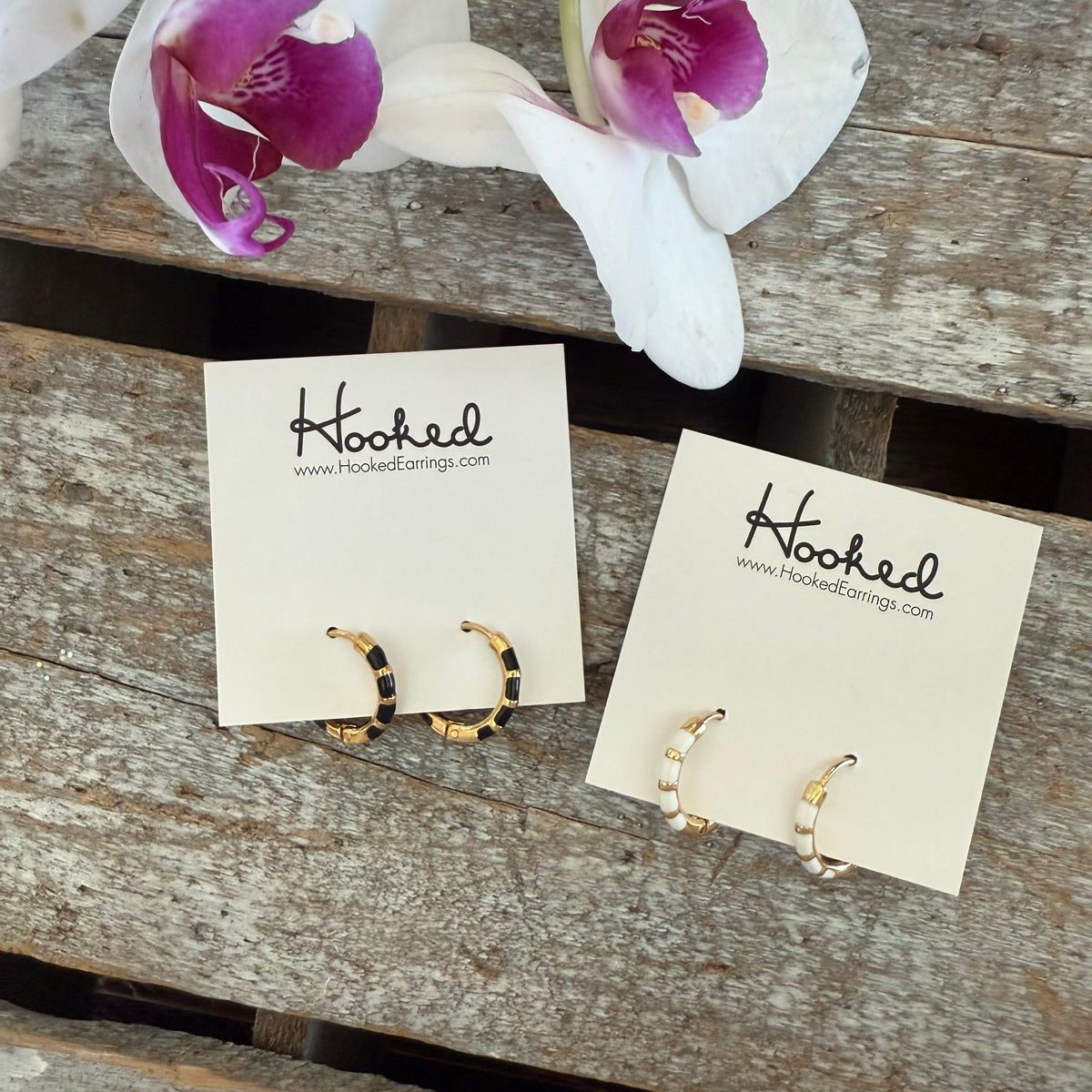 Striped Huggie Hoop Earrings - White and Gold