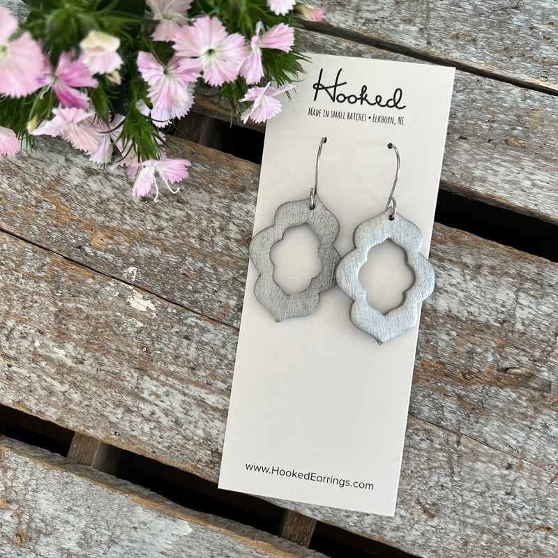 Quatrefoil Cutout Earrings in Brushed Metallic Silver