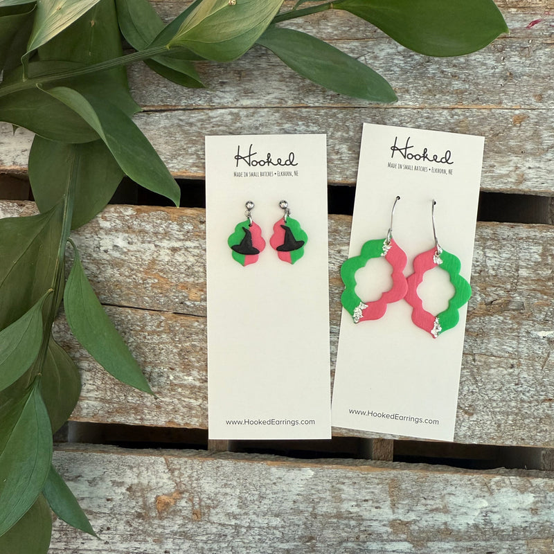Pink and Green Quatrefoil Cutout Earrings