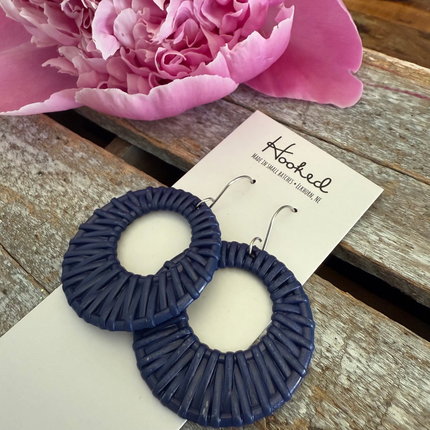 Deep Sea Blue Rattan Circle Cutout Earrings - Waterproof, Pool Ready