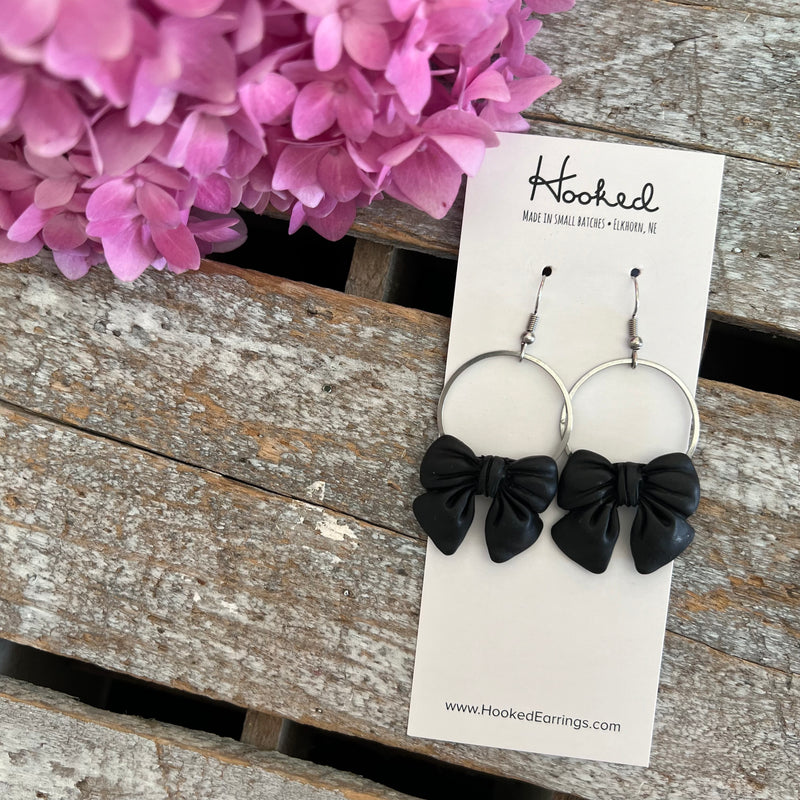 Bow Hoop Earrings in Black