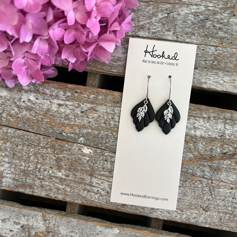 Silver Pave Rhinestone Earrings in Ebony - Small