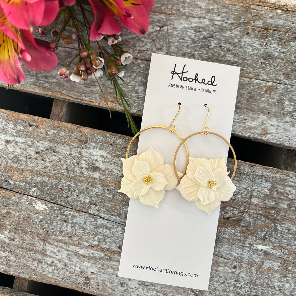 Floral Hoop Earrings in Ivory - Two Sizes