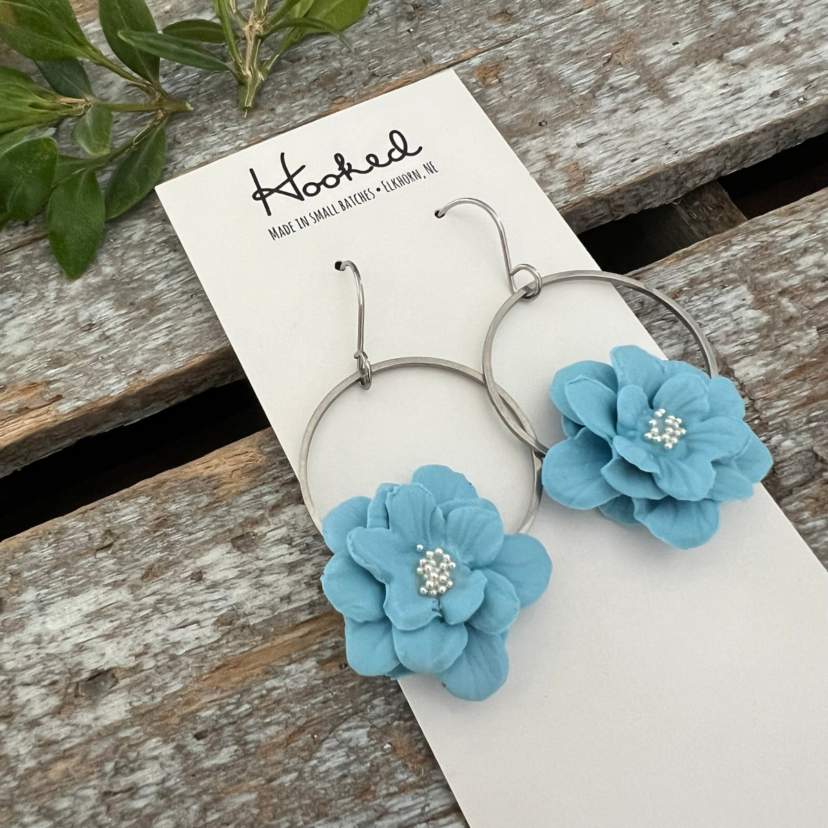 Floral Hoop Earrings in Sky Blue