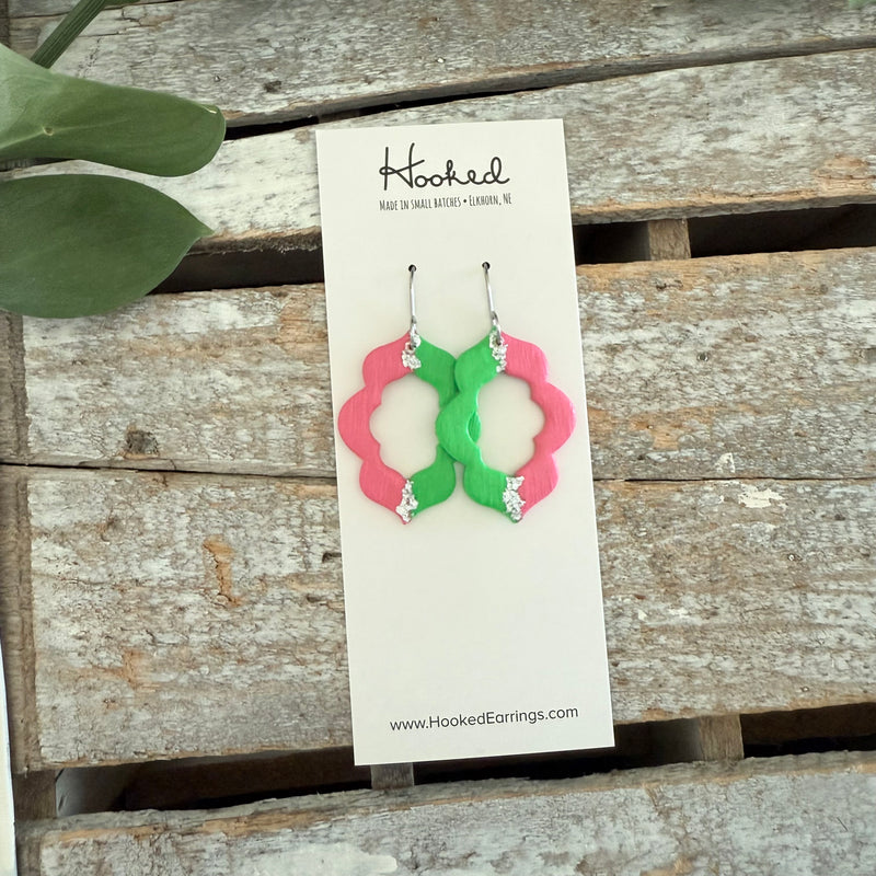 Pink and Green Quatrefoil Cutout Earrings