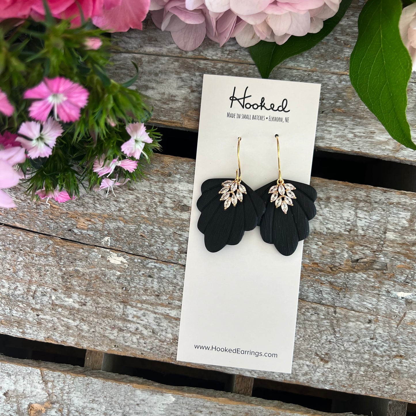 Gold Pave Rhinestone Earrings in Ebony - Medium