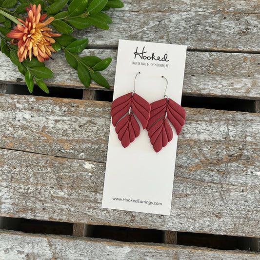 Red Split Leaf Dangle Earrings  - Medium