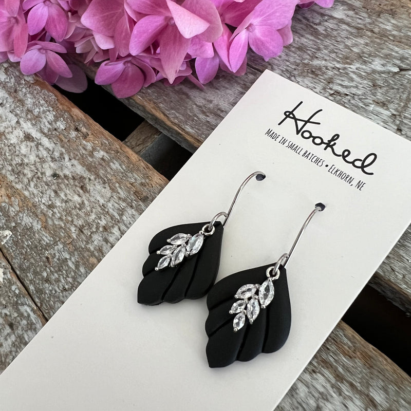 Silver Pave Rhinestone Earrings in Ebony - Small