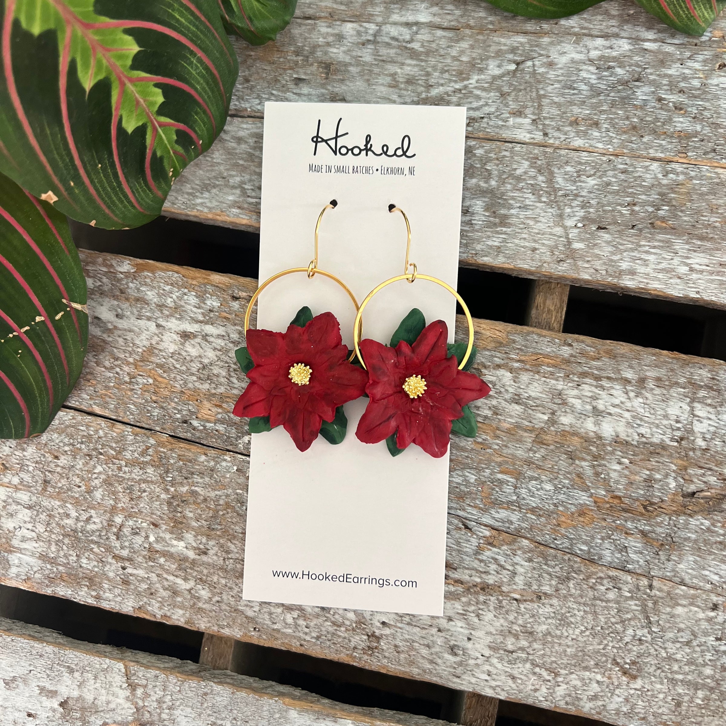 Red Christmas Poinsettia Bottle Cap Earrings - Flattened Dangle Earrings With Surgical Steel Wires