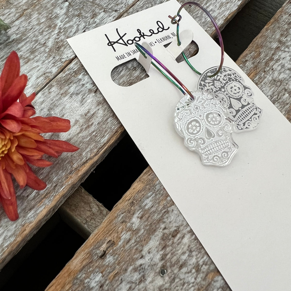 Mirrored Sugar Skull Earrings - Rainbow Hoop