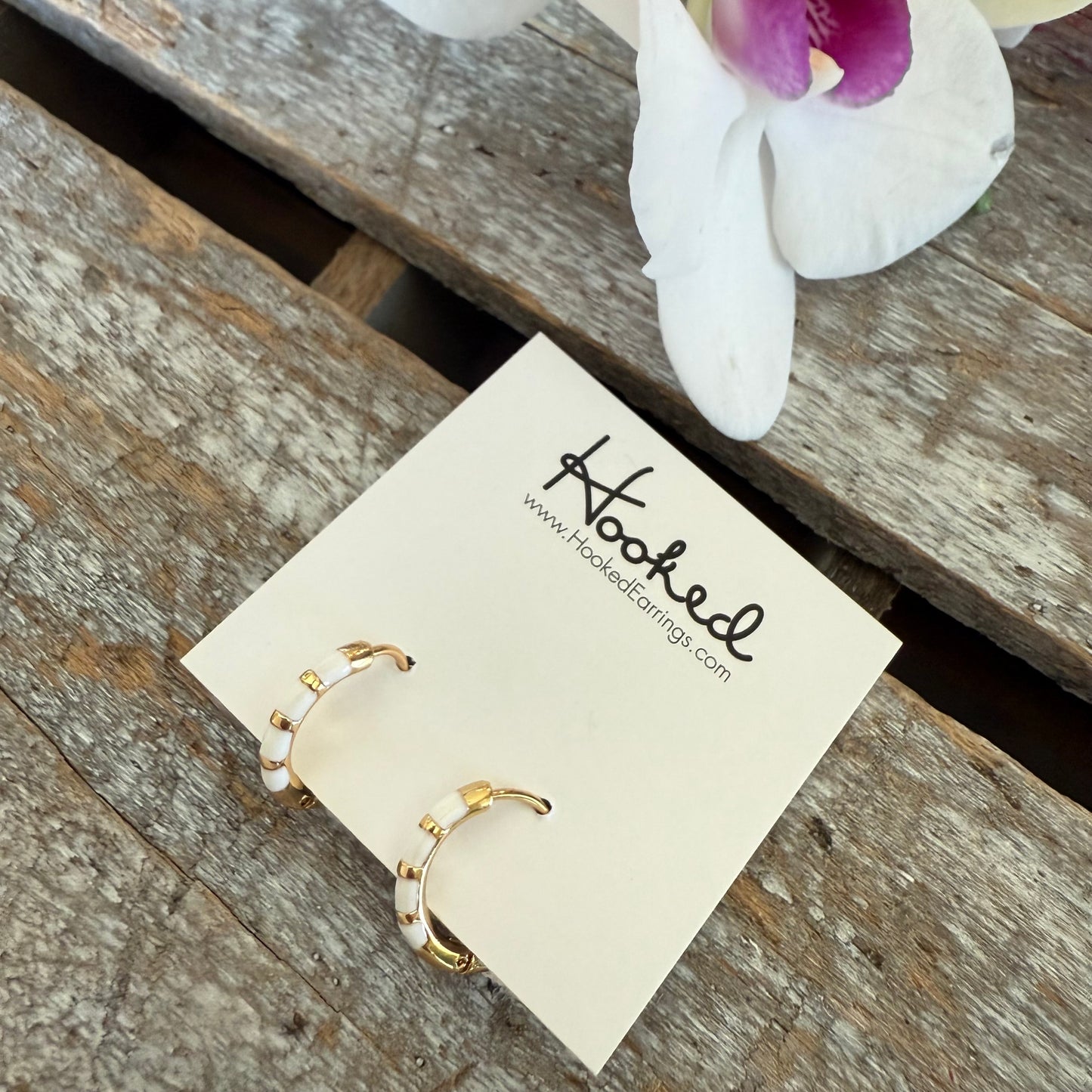 Striped Huggie Hoop Earrings - White and Gold