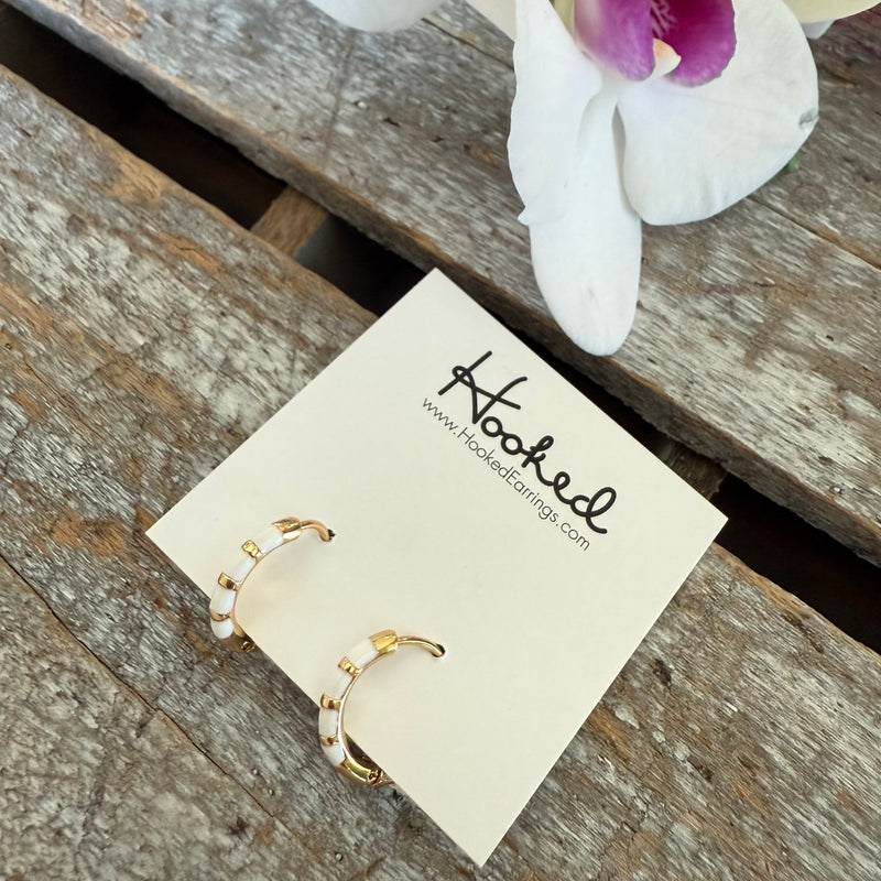 Striped Huggie Hoop Earrings - White and Gold