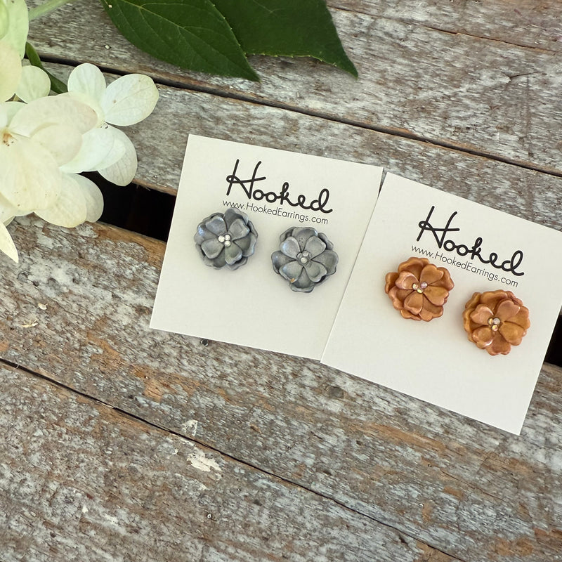 Fancy Flower Stud Earrings in Silver or Bronze