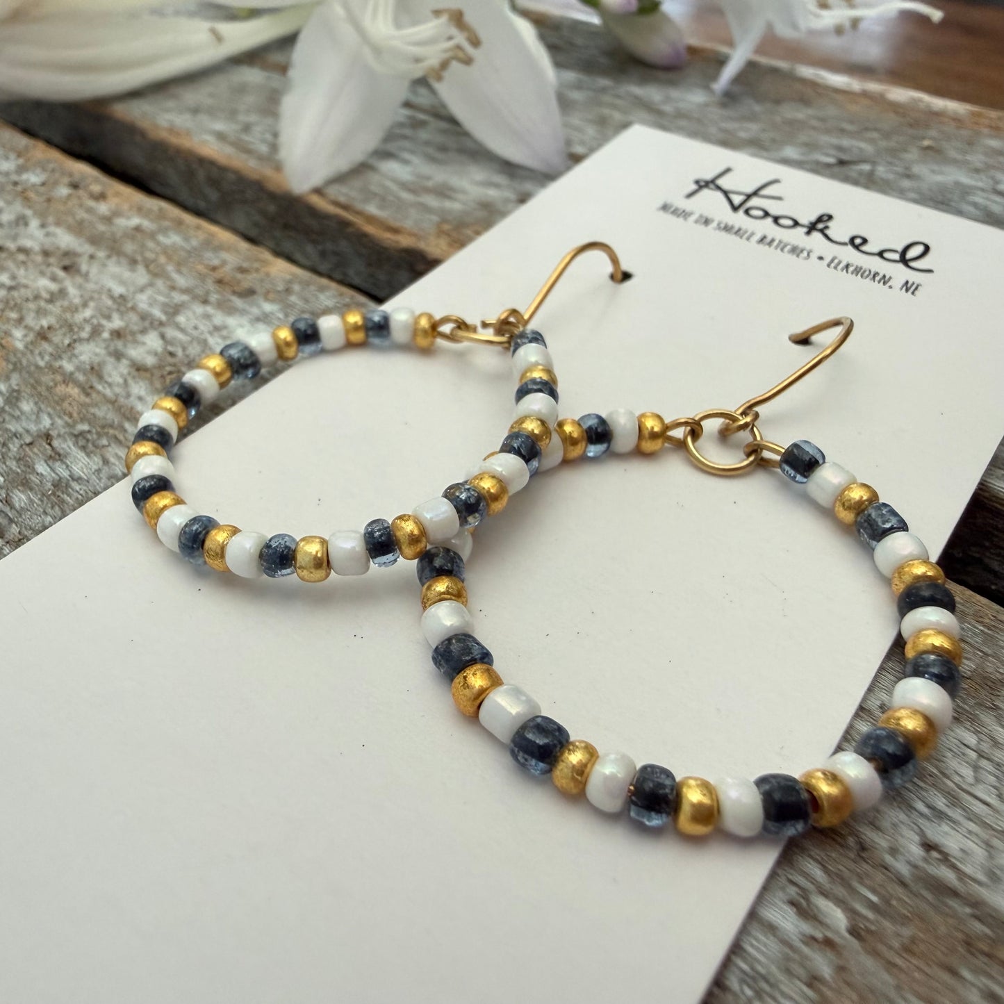 Southie Beaded Hoop Earrings - Navy, Gold, and White