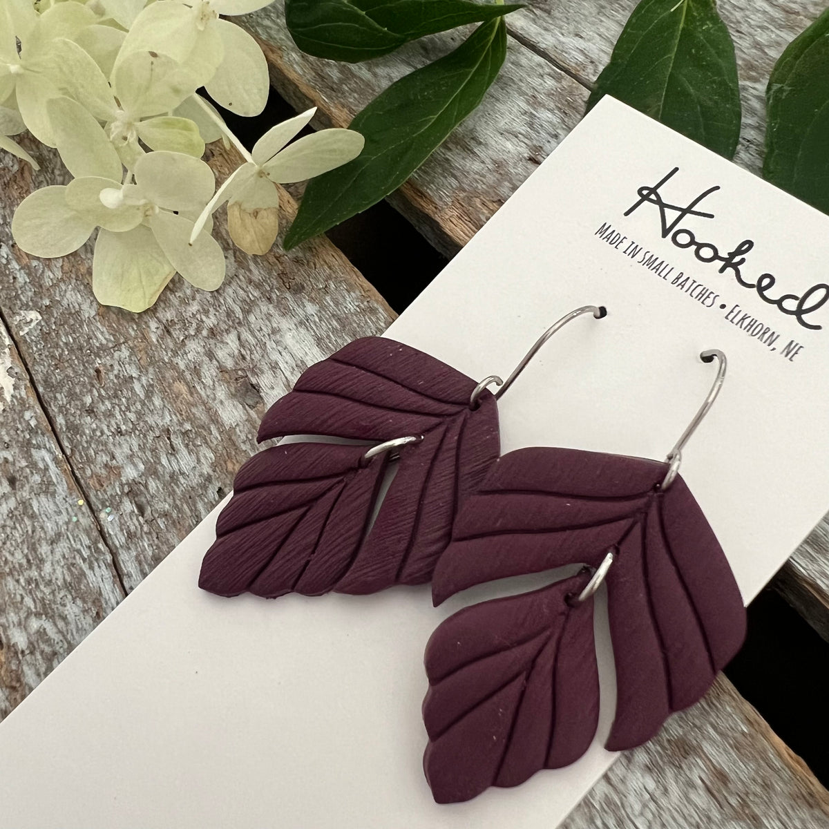 Perfectly Plum Split Leaf Dangle Earrings  - Medium