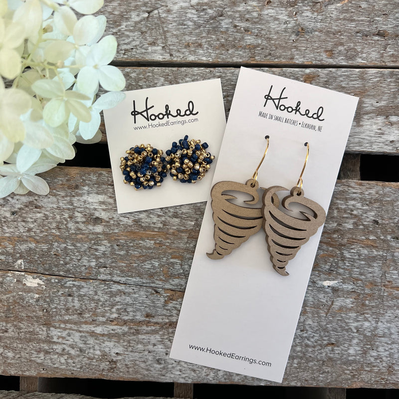 Navy and Gold Beaded Stud Earrings