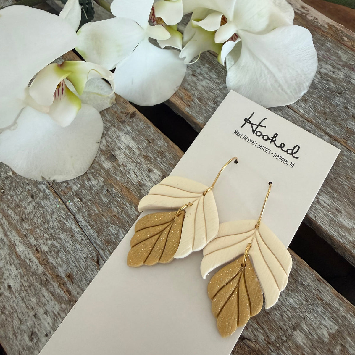 Gold and Ivory Split Leaf Earrings