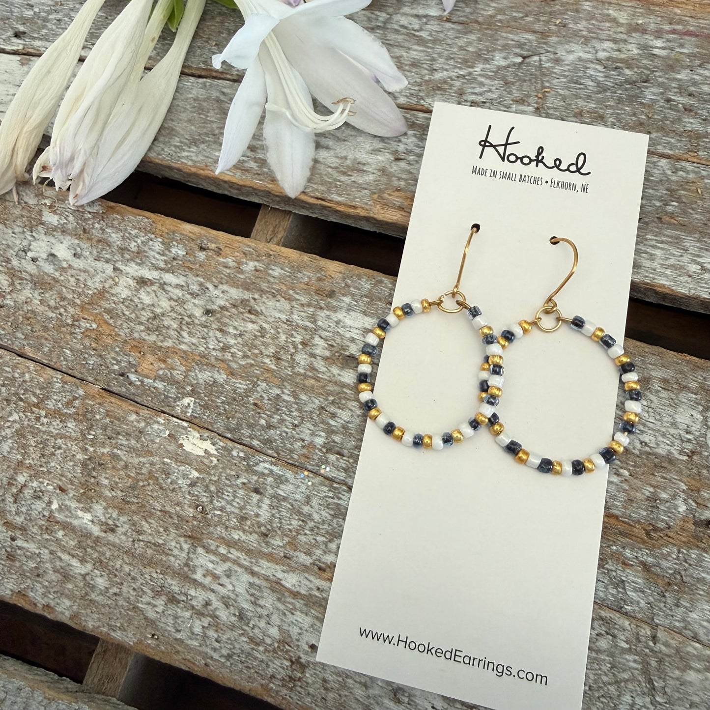 Southie Beaded Hoop Earrings - Navy, Gold, and White