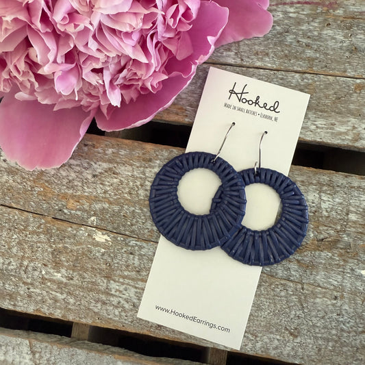 Deep Sea Blue Rattan Circle Cutout Earrings - Waterproof, Pool Ready