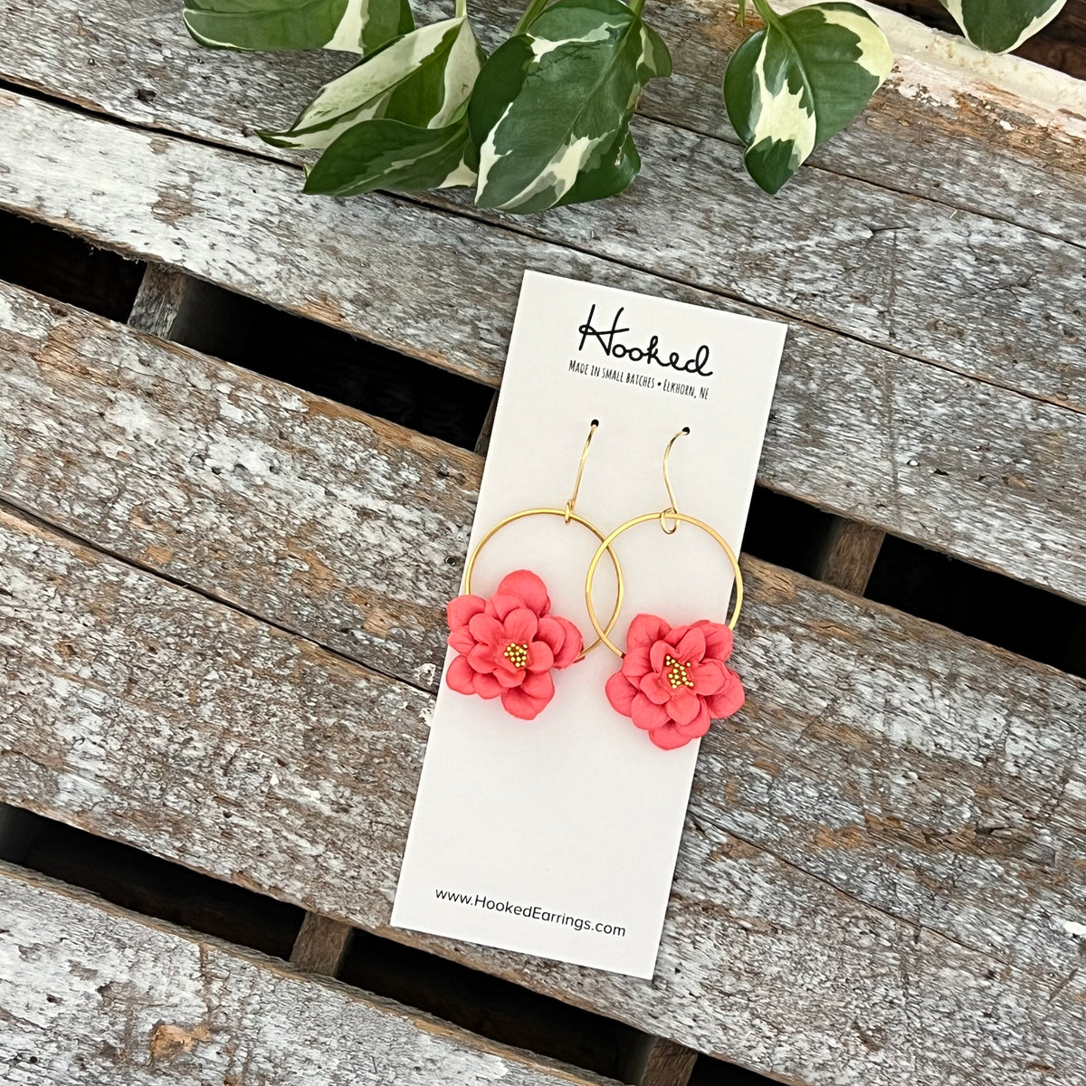 Floral Hoop Earrings in Coral Shimmer