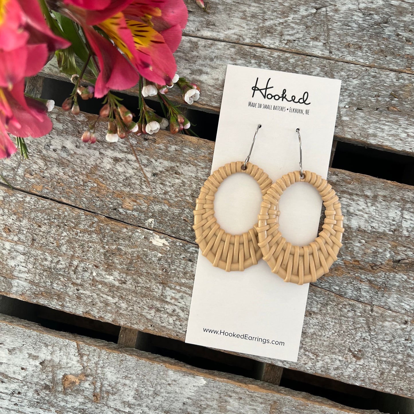 Beige Rattan Oval Cutout Earrings - Waterproof, Pool Ready