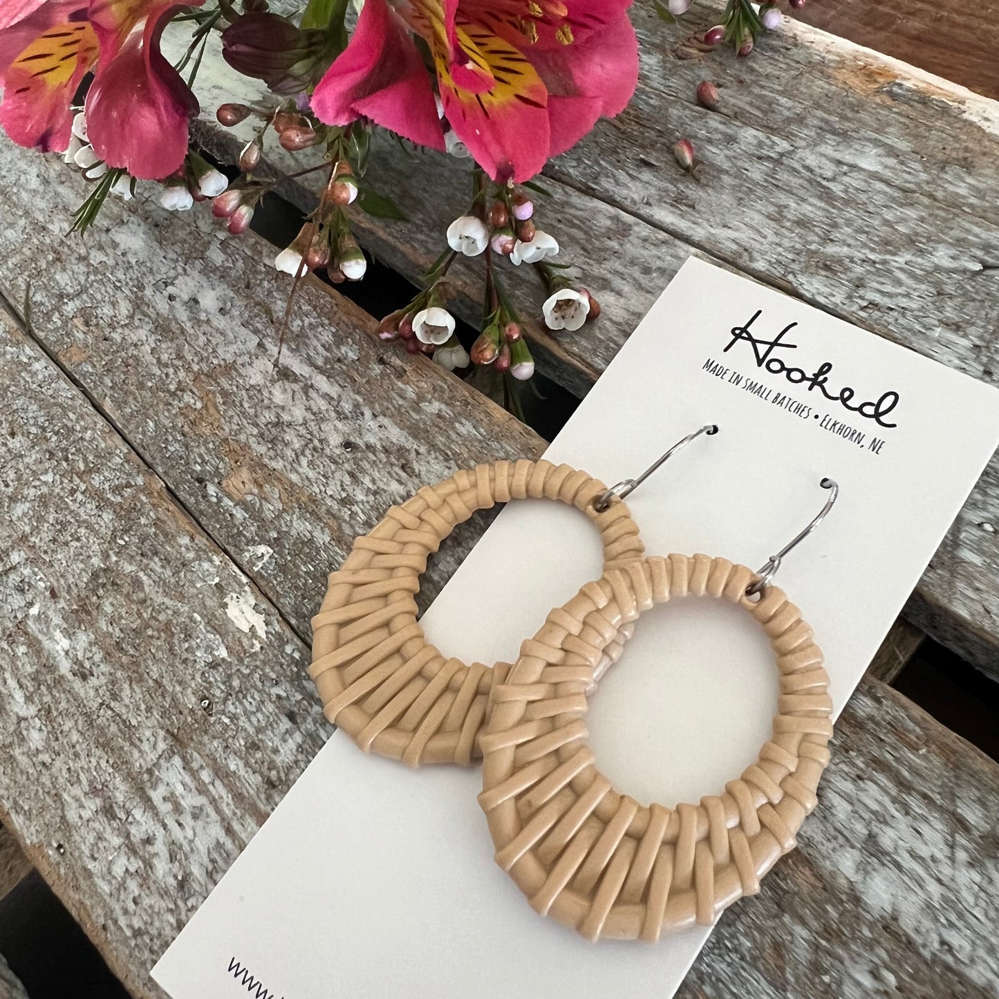 Beige Rattan Oval Cutout Earrings - Waterproof, Pool Ready