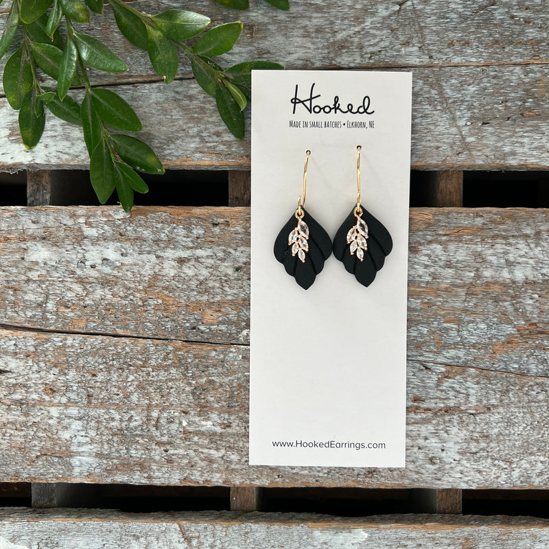 Gold Pave Rhinestone Earrings in Ebony - Small