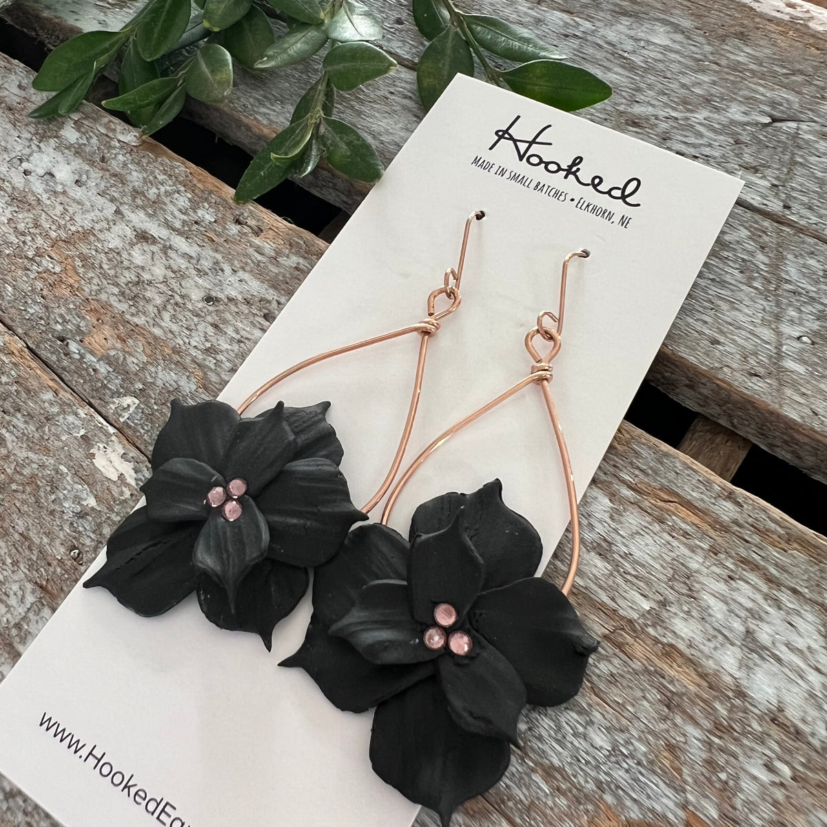 Floral Hoop Earrings in Black