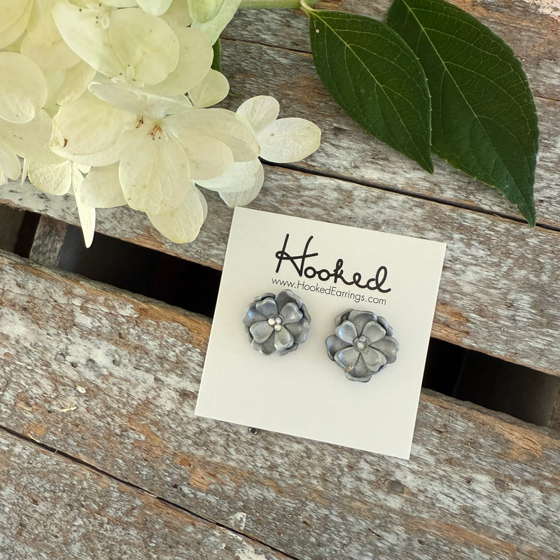 Fancy Flower Stud Earrings in Silver or Bronze