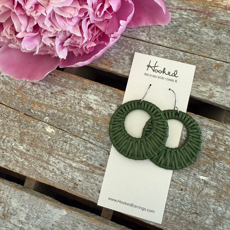 Olive Green Rattan Circle Cutout Earrings - Waterproof, Pool Ready