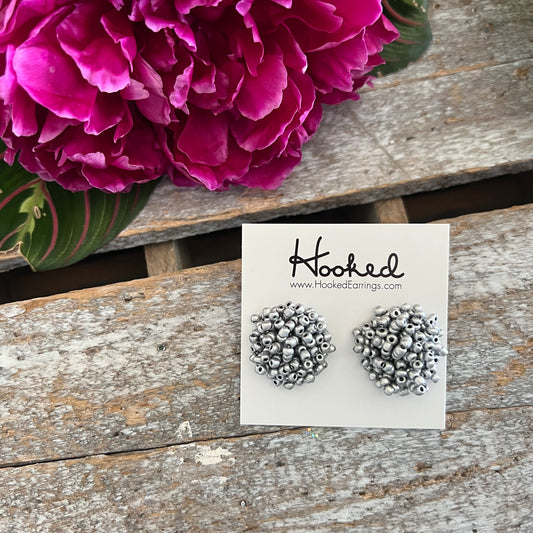 Opulent Beaded Stud Earrings- Metallic Silver