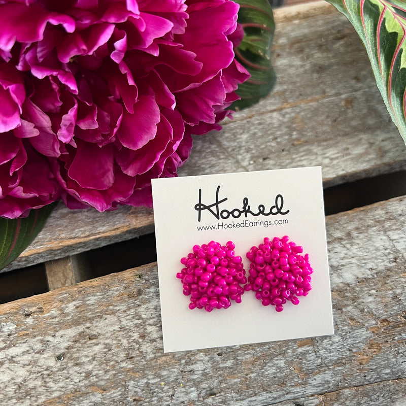 Opulent Beaded Stud Earrings- Hot Pink