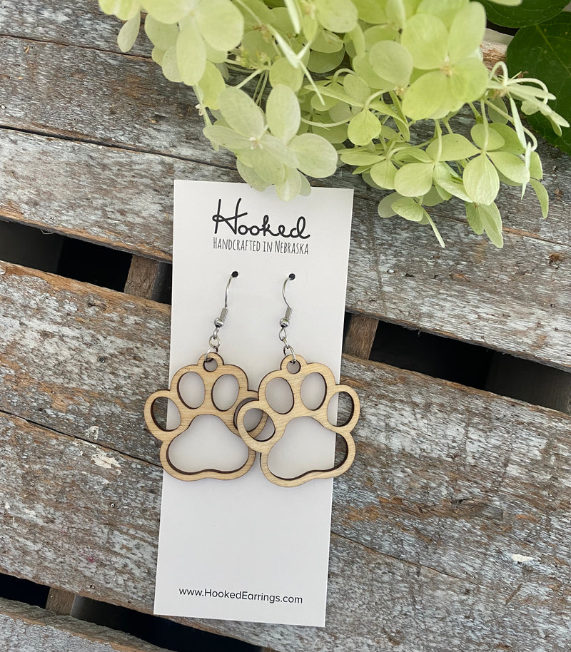 Wooden Cutout Earrings - Paw Print - Custom Colors