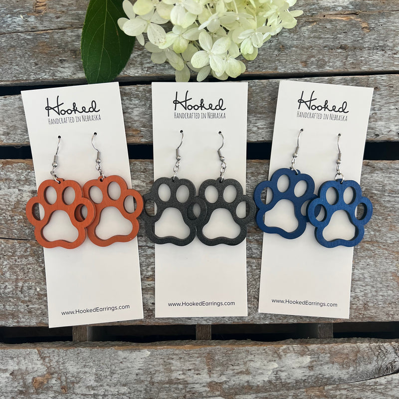Wooden Cutout Earrings - Paw Print - Custom Colors