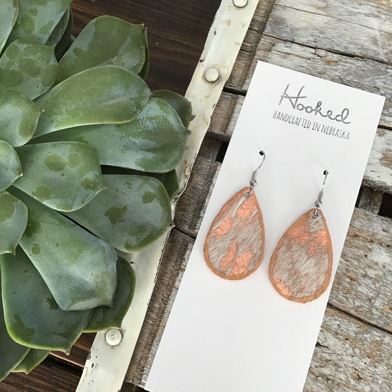 Rose Gold Speckled Cowhide Teardrops// Rose Gold Edged - Small, HAIR ON