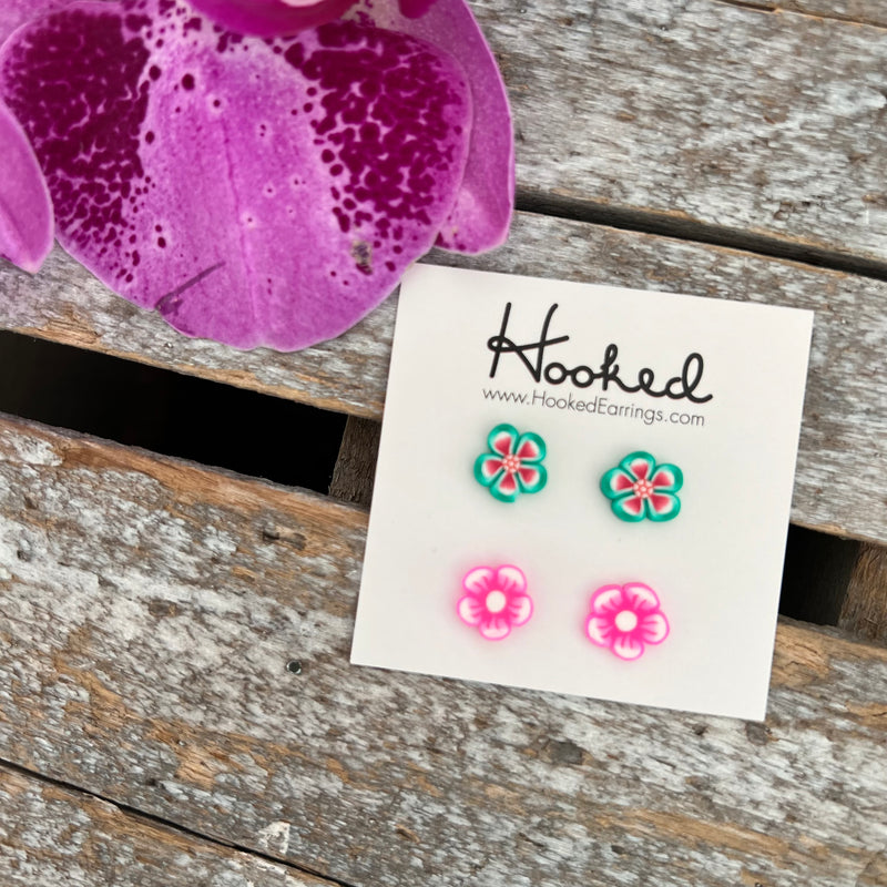 Pink and Green Flower Clay Studs - Two Pack